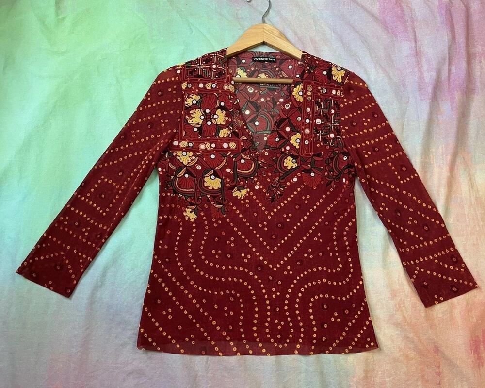 Vintage 90s Vivienne Tam Mesh Top Chinese Culture South Asian Long Sleeve Sz M